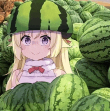 a girl wearing a watermelon hat is surrounded by a pile of watermelons .