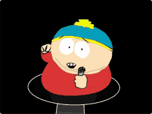 a cartoon character from south park is holding a microphone in his hand