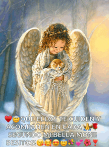 a painting of an angel holding a cat with the words que ellos te cuiden y acompañen en cada segundo mi bella moni