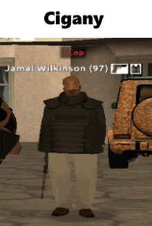 a man in a bullet proof vest is standing in front of a car and a sign that says cigany