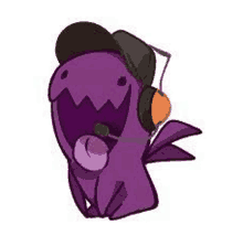 a purple dinosaur wearing headphones and a hat with its tongue out .