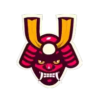 a sticker of a samurai mask with horns and the letter u