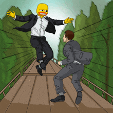 a cartoon of a man in a suit jumping over another man with a duck mask on his head