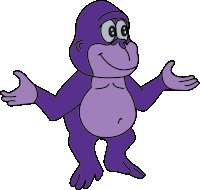 a purple gorilla with its arms outstretched and a smile on its face