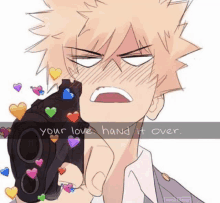 bakugo from my hero academia is pointing a gun at someone with hearts around him .