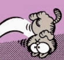 a cartoon cat is laying on its back with its tail coming out .