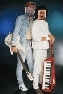 a man holding a guitar and a woman holding a keyboard with their faces on them