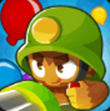 a cartoon character in a green helmet is holding a cannon and balloons .