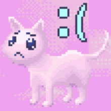 a pixel art of a pink cat with a sad face .