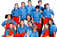 a group of children wearing blue shirts and red overalls are posing for a picture