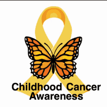 a yellow ribbon with a butterfly on it and the words childhood cancer awareness