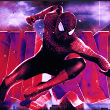 a poster of a spider man with a purple background