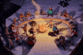 a group of vikings are gathered around a fire