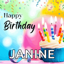 a birthday card for janine with a cupcake with candles on it