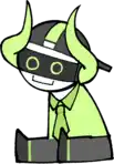 a cartoon character wearing a mask and horns is sitting down and smiling .