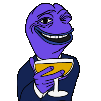 a purple frog in a suit is holding a wine glass