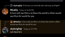 a screenshot of a conversation between skyknightr and weakly