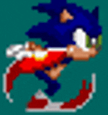 a pixel art of sonic the hedgehog running on a green background