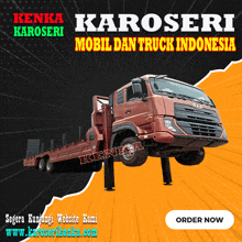 an advertisement for kenda karoseri mobil dan truck indonesia shows a red truck