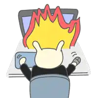 a cartoon of a rabbit sitting in front of a computer with flames coming out of the screen