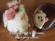 a furby doll is looking at itself in a mirror with a caption that says if being hot is a crime then arrest me