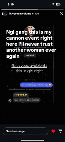 a phone screen shows a message from a person named iluvyoudaveblunts