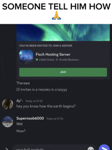 a screenshot of someone telling him how to join the fisch hosting server