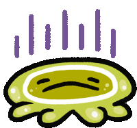 a cartoon drawing of a green object with a sad face