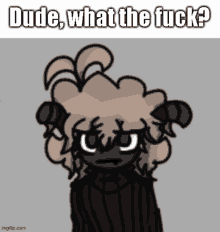 a cartoon drawing of a sheep with horns and the words dude what the fuck