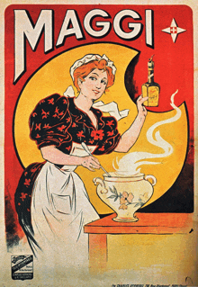 an advertisement for maggi shows a woman stirring a pot of food