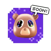 a pixel art of a teddy bear with a speech bubble that says " soon "