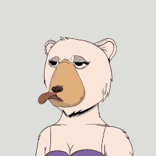 a cartoon of a bear wearing a purple top sticking out its tongue