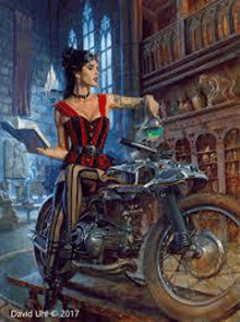 a woman is sitting on a motorcycle holding a book in a painting .