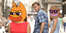 a man and a woman are walking down a street with a cartoon character on their heads