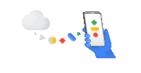 a blue hand is holding a smart phone with a cloud behind it