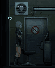 a video game character named tomoe oya is standing in front of a no smoking sign