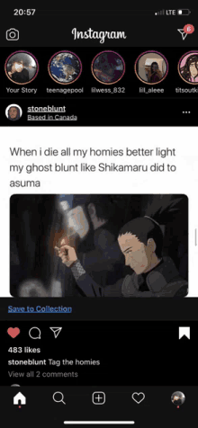 a screenshot of an instagram page showing a ghost blunt like shikamaru