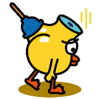 a cartoon of a yellow object with a blue plunger on its head