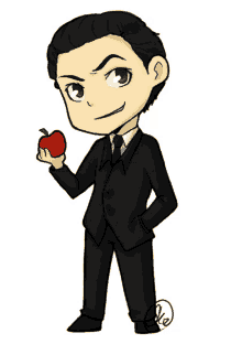 a drawing of a man in a suit holding an apple