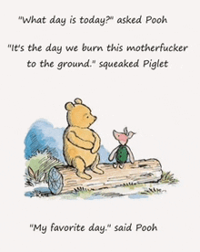 a cartoon of winnie the pooh and piglet sitting on a log with the caption " what day is today "