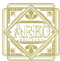 a gold and white logo for areo delivery in a square