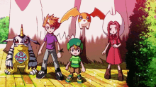 a group of cartoon characters are standing next to each other on a wooden walkway .