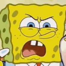 a close up of a cartoon character , spongebob squarepants , with an angry face .