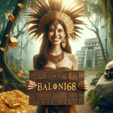 a woman in a headdress holds a sign that says balon168