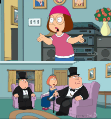 a family guy cartoon shows a man in a tuxedo sitting on a couch