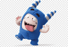 a cartoon character wearing a blue outfit with horns sticking out his tongue