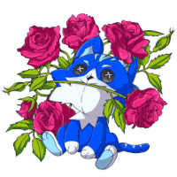 a blue cat is surrounded by pink roses and has a cross on its face