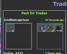 a screenshot of a video game that shows past 50 trades