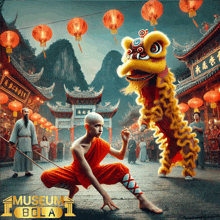 a poster for museum bola shows a monk and a lion dance