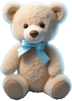 a white teddy bear with a blue bow around its neck